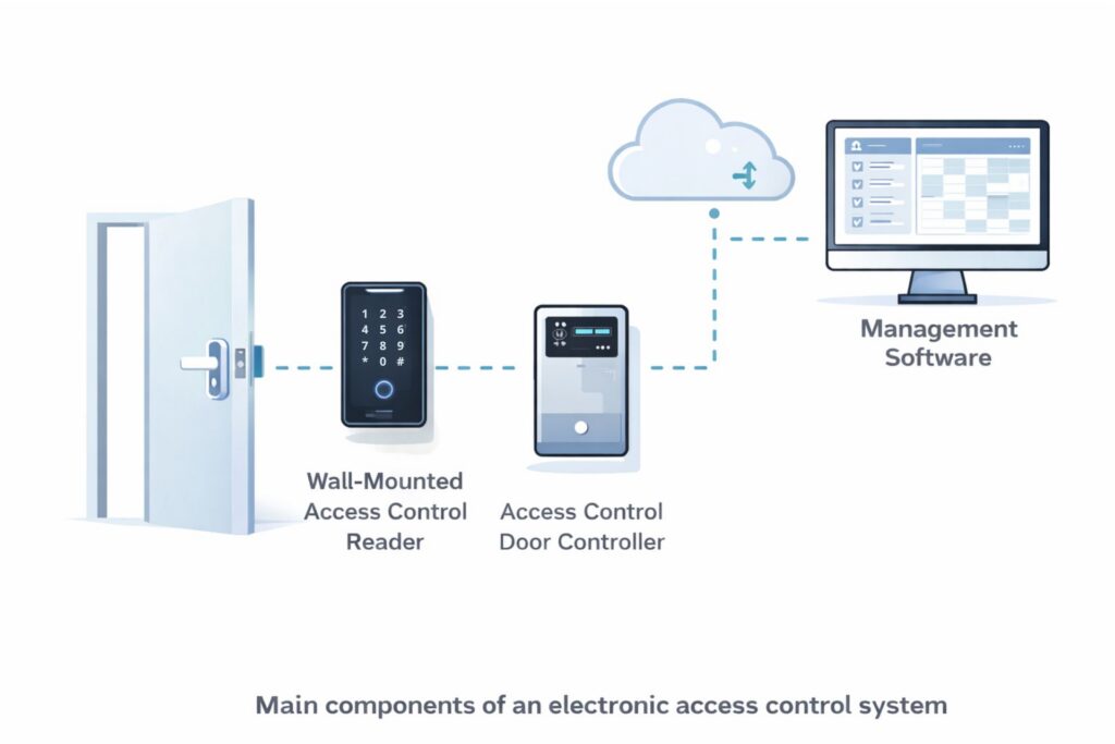 Main components of an electronic access control system including door, wall-mounted reader, controller, and management software