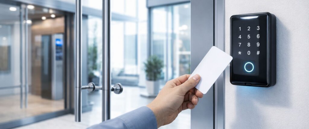 Electronic access control system architecture with door reader, controller, electronic lock, and management software