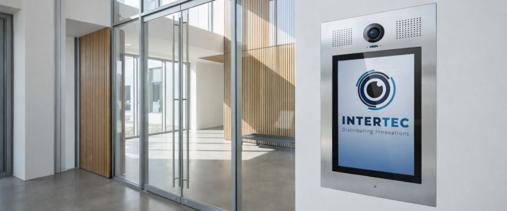 Modern glass building entrance with professional video intercom system and centralized access management