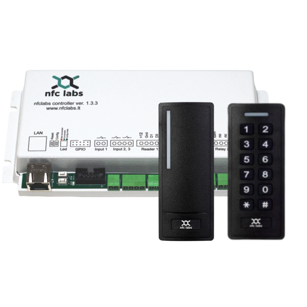 NFC Labs cloud-based access control system with controller, NFC reader and keypad for secure building access